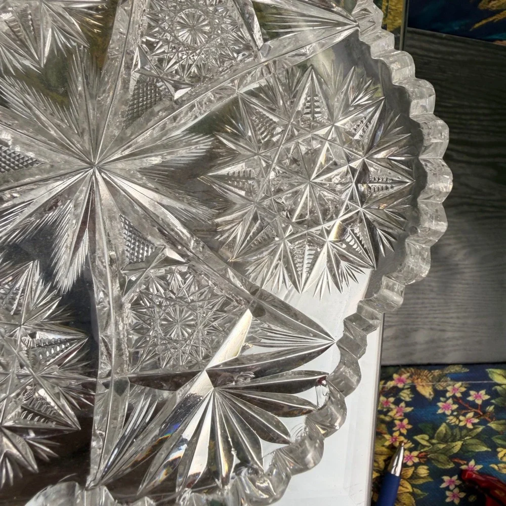 Antique American Brilliant Period Cut Glass Nappy Dish Star Pattern Sawtooth Rim